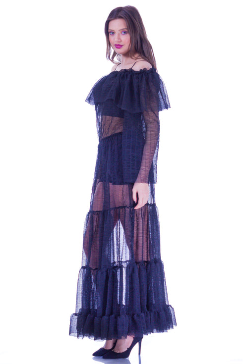 Rochie voal negru cu volane I-10